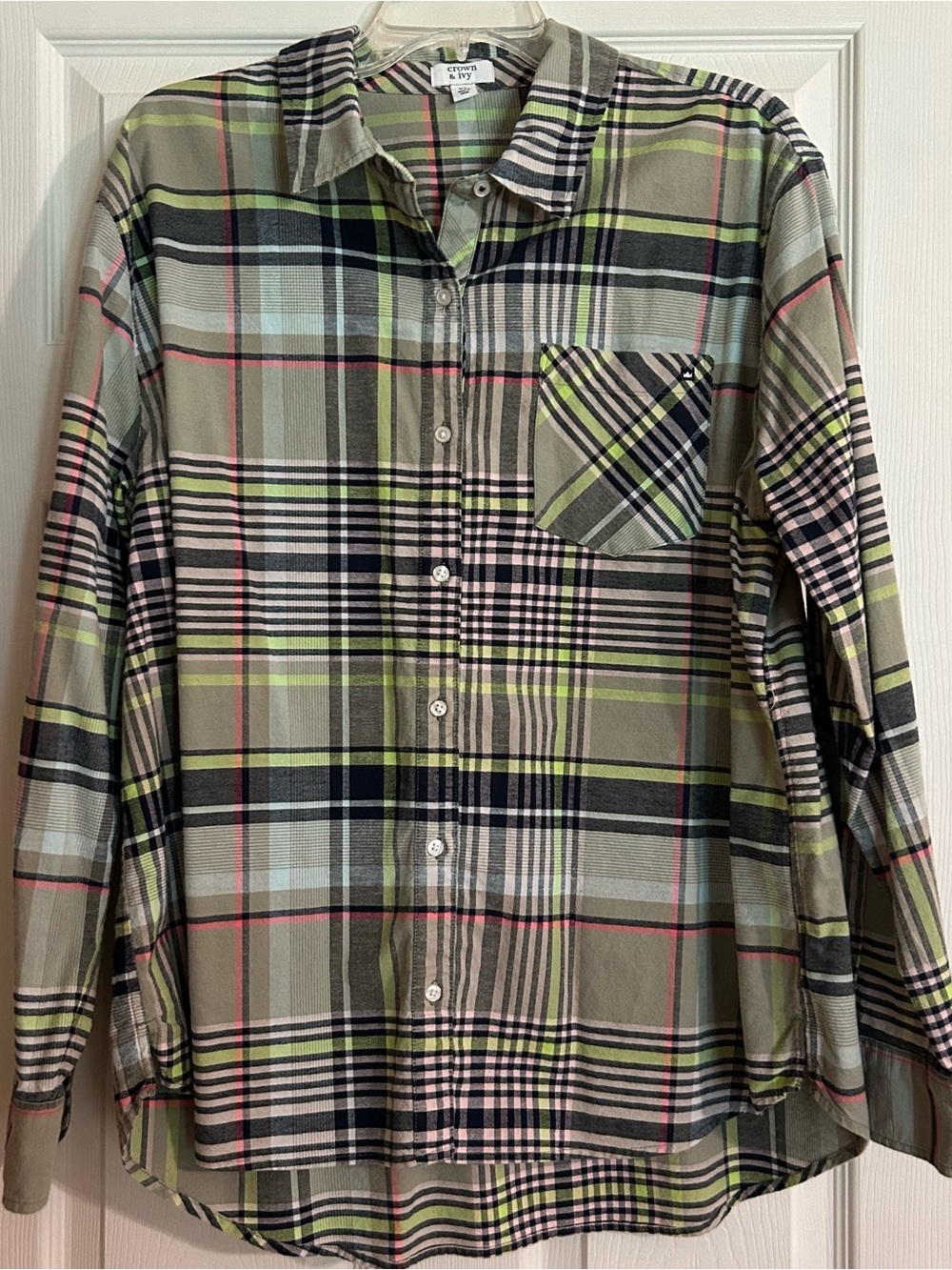 crown & ivy Olive Plaid Button-Down Shirt with Pink & Lime Accents